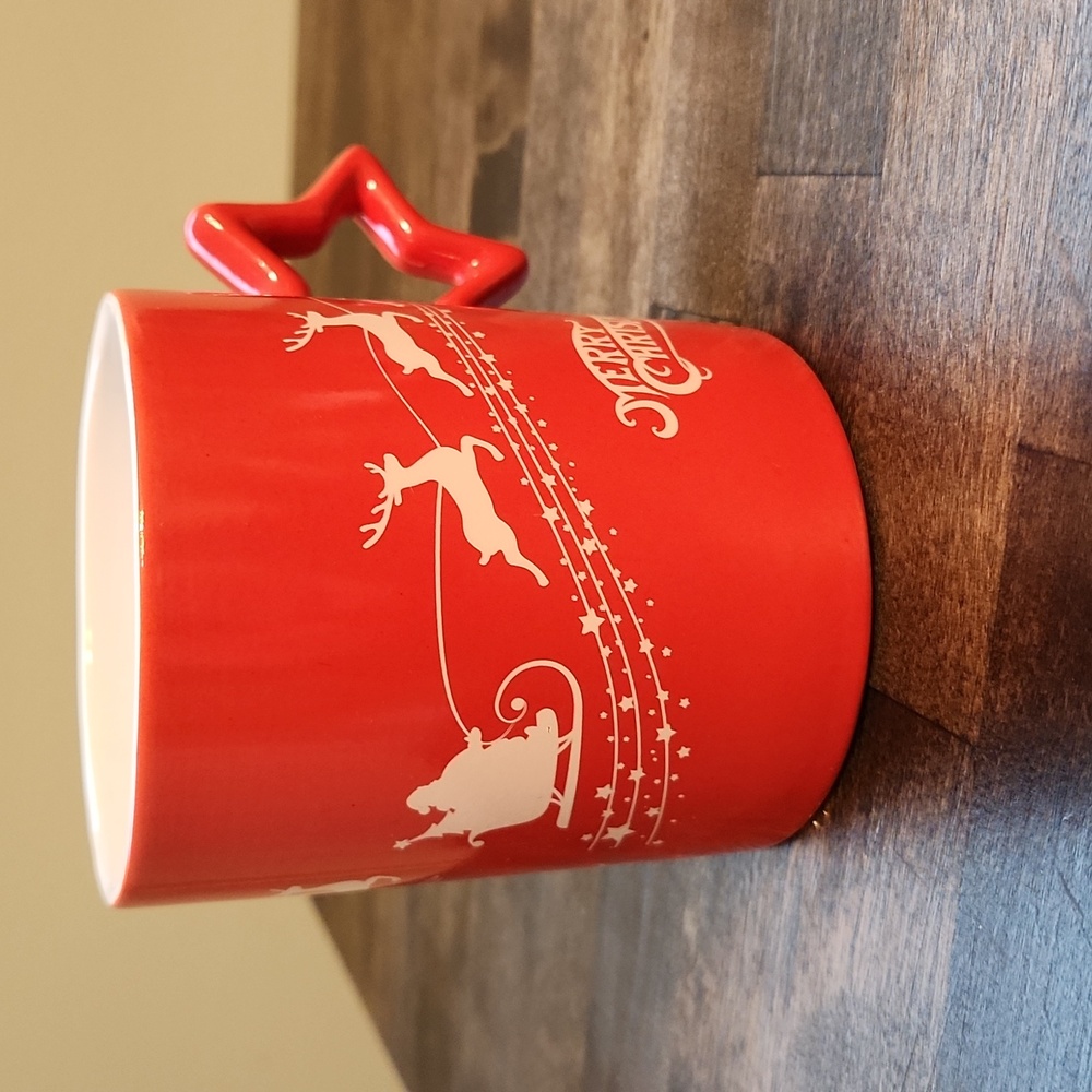 Red Christmas Mug with Reindeer And Santa Sleigh Star Shaped Handle